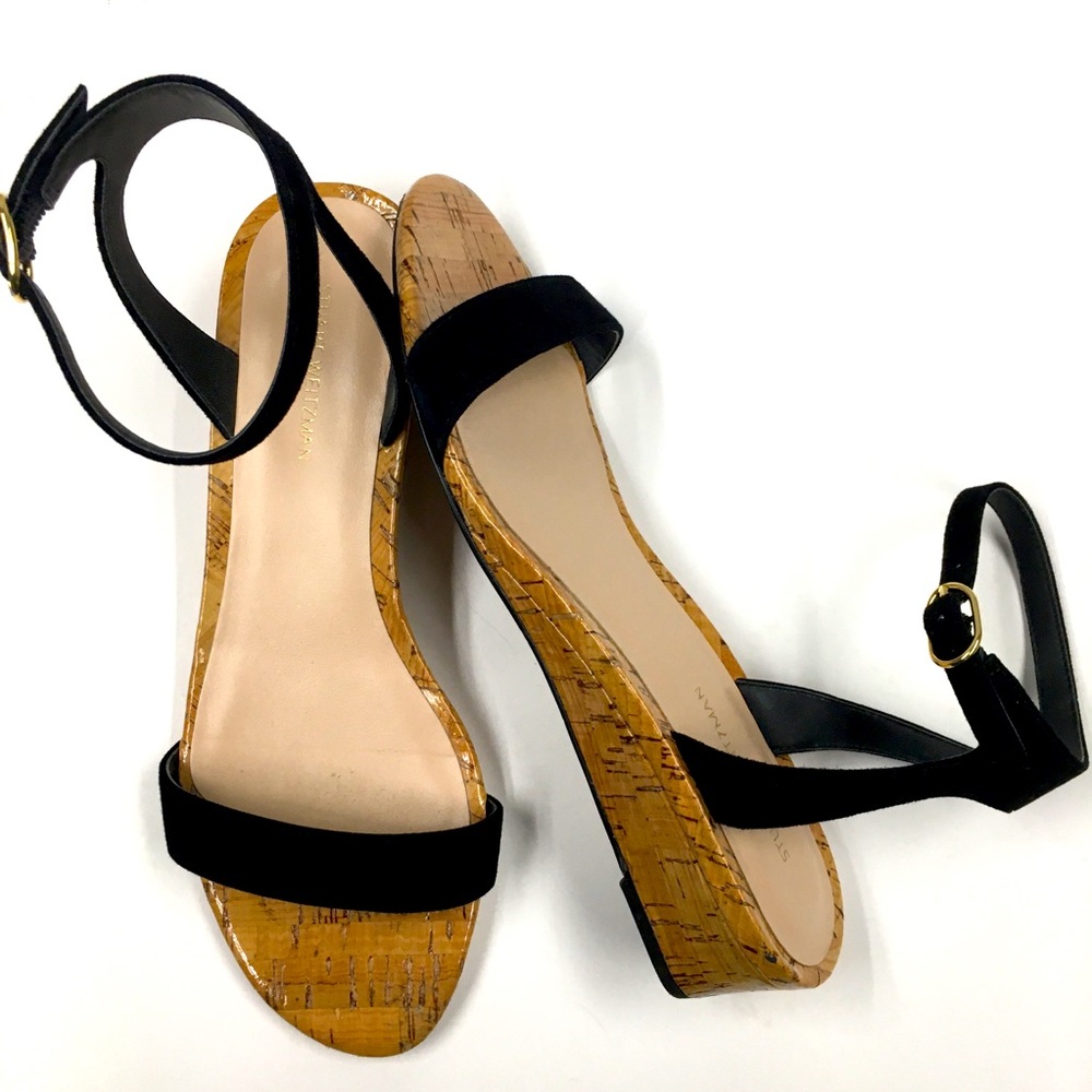 Stuart Weitzman Ankle Strap Suede Leather Sandals 7 Black Brown Minimal Classic